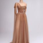 Asymmetric Caramel Mesh Gown