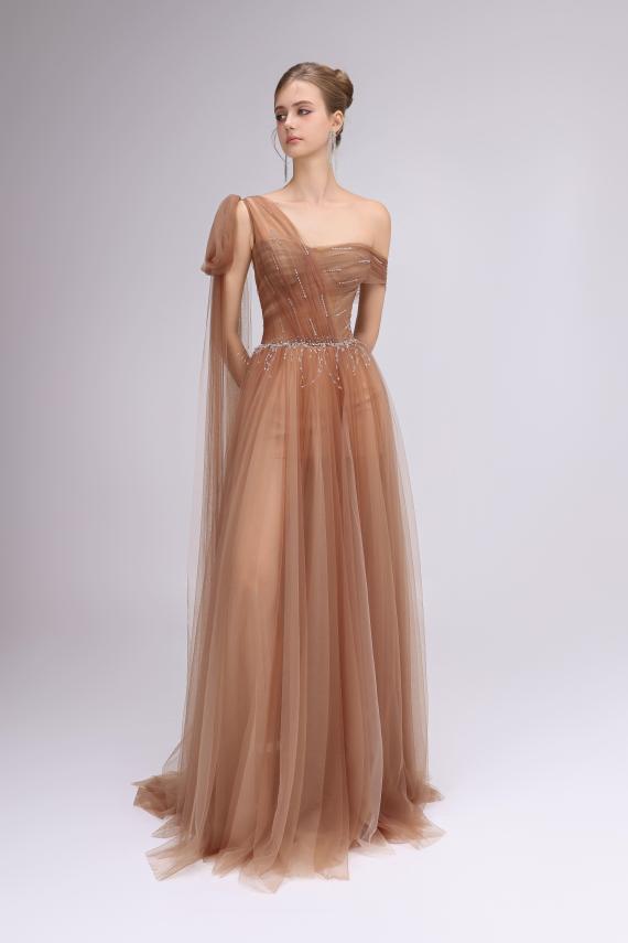 Asymmetric Caramel Mesh Gown