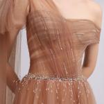 Asymmetric Caramel Mesh Gown